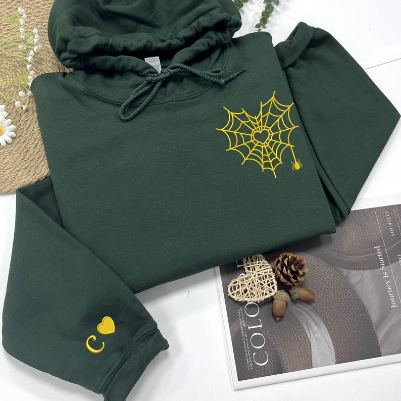 Matching Couple Hoodies Spiderweb - Embroidered Custom Anniversary Hoodie - Spider Web Heart Embroidered Valentine Hoodie - Girlfriend Gift