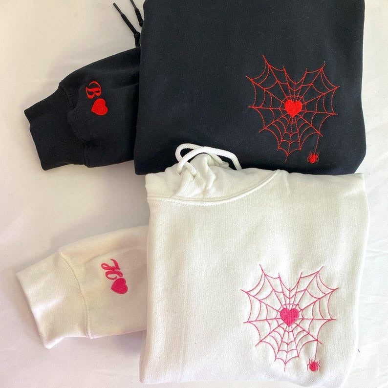 Matching Couple Hoodies Spiderweb - Embroidered Custom Anniversary Hoodie - Spider Web Heart Embroidered Valentine Hoodie - Girlfriend Gift