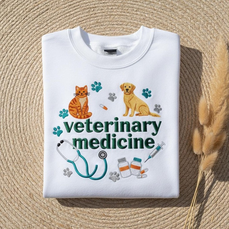 Embroidered Veterinary Medicine Sweatshirt, Vet Med Gift, Cat Dog Embroidered Crewneck, Stethoscope DVM Vet Tech Hoodie