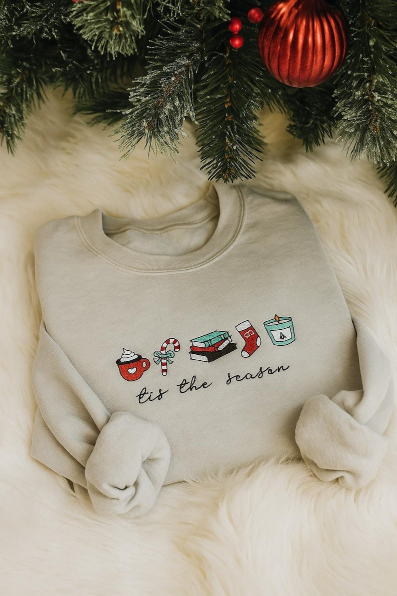 Embroidered Christmas Tis the Season Sweatshirt, Cozy Holiday Sweater, Booked for the Holidays