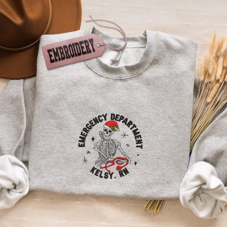 Embroidered Nurse Skeleton Sweatshirt, Embroidery Emergency Department Hoodie, Merry Christmas Sweatshirt, Xmas RN Sweater, ICU Nurse Hoodie