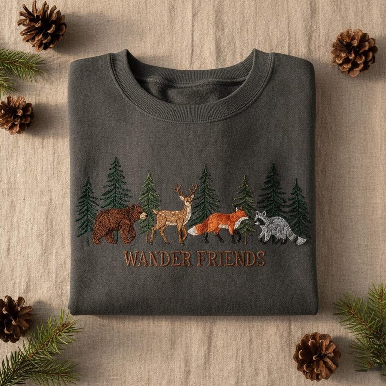 Embroidered Wander Friends Sweatshirt, Forest Animal Crewneck, Bear Deer Fox Raccoon Top, Custom Outdoor Gift, Nature Lover