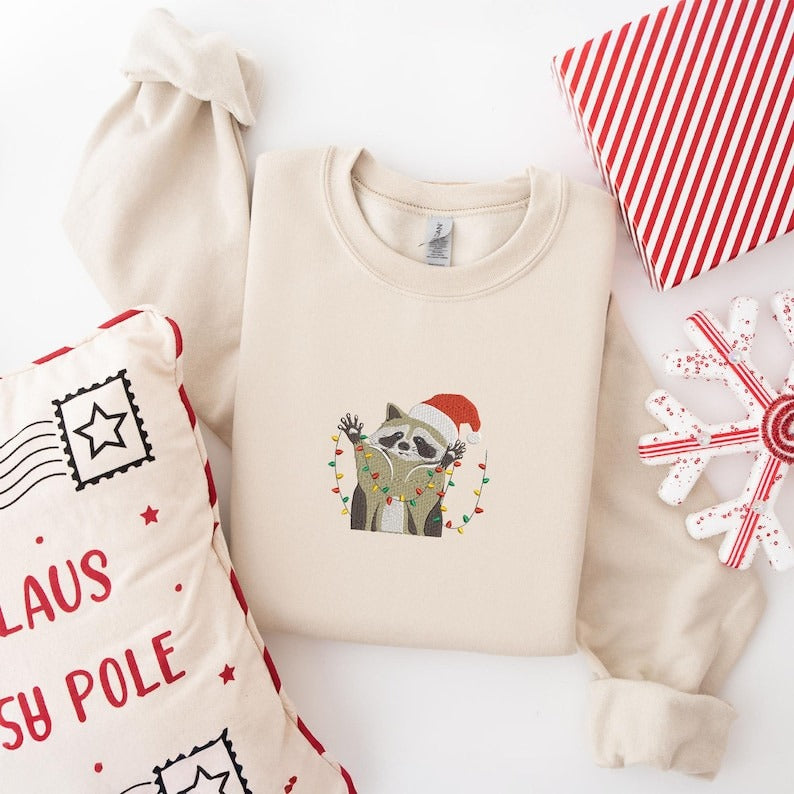 Embroidered Sweatshirt, Holiday Lights Animal Sweatshirt, Funny Christmas Raccoon Hoodie, Xmas Party Hoodie, Feral Raccoon Sweatshirt