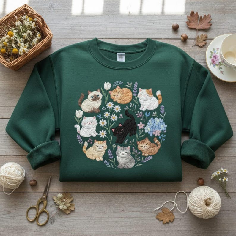 Cottagecore Cat Embroidered Sweatshirt Vintage Cat Lover Gift Kittens Pressed Flower Goblincore Animal Aesthetic Shirt