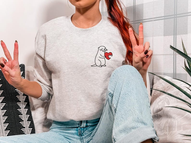 Embroidered Matching Otter Valentines Sweatshirt, Custom Cute Couples Gift, Embroidered Hoodie for Valentine's Day Celebration,