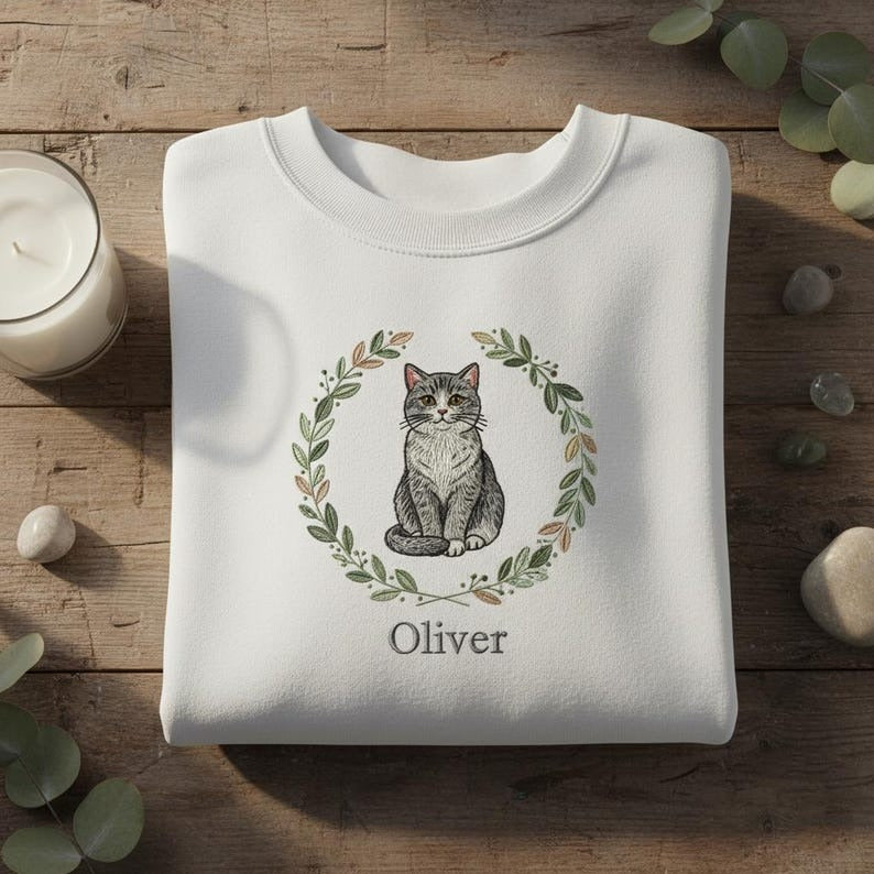 Personalized Embroidered Shorthair Cat Sweatshirt, Autumn Wreath Feline Portrait, Custom Cat Dad Gift, White Apparel