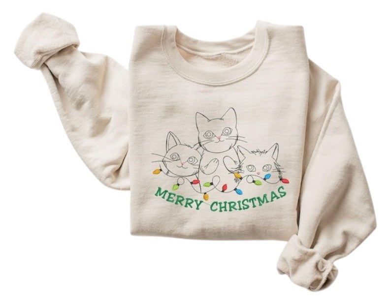 Christmas Cats Embroidered Sweatshirt, Holiday Apparel, Holiday Sweatshirt, Cozy Christmas Embroidery, Christmas Gifts | Embroidered Cats