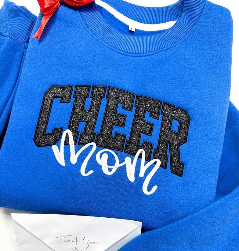 Custom Glitter Embroidered Cheer Mom Sweatshirt, Team Spirit Gift