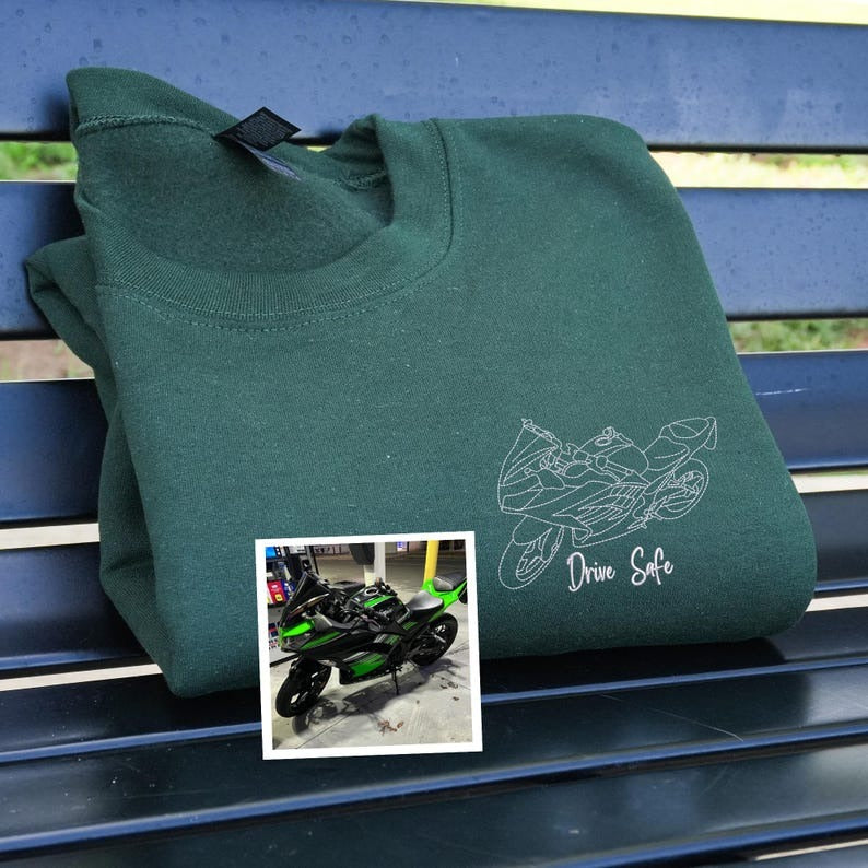 Custom Embroidered Motorcycle Hoodie or Sweatshirt | Personalized Biker Gift for Him | Custom Moto Outline from Photo