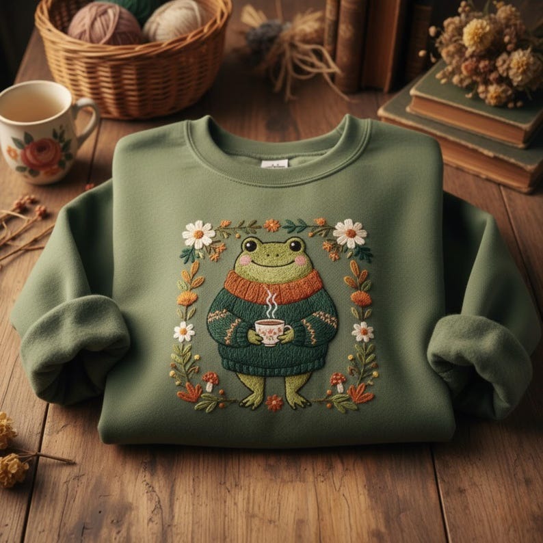 Cozy Frog with Tea Embroidered Shirt Cottagecore Folk Art Sweatshirt Whimsical Frog Lover Sweatshirt for Nature Lovers and Tea Enthusiasts