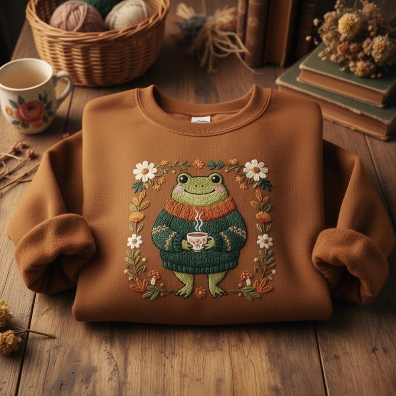 Embroidered Cozy Frog Sweatshirt – Cute Frog Drinking Tea Floral Cottagecore Nature Crewneck
