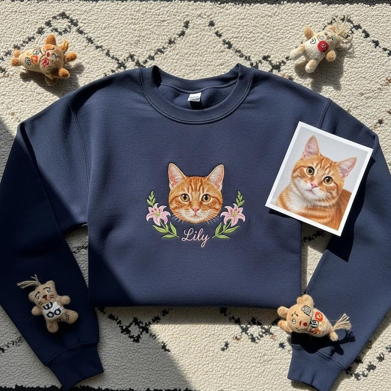 Custom Pet Portrait with Flowers Embroidered Sweatshirt, Personalized Dog Cat Memorial Gift, Unique Pet Lover Gift