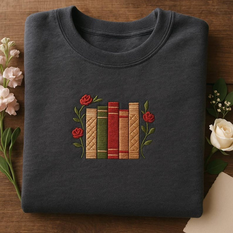 Embroidered Book Spines Sweatshirt, Red Roses Floral Library Hoodie, Dark Academia Reader Gift, Bookworm Crewneck