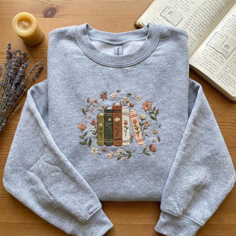 Embroidered Floral Book Stack Sweatshirt, Grey Reading Hoodie, Cute Librarian Crewneck, Bookish Gift, Flower Literature Shirt