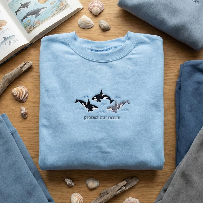 Protect Our Ocean Orca Embroidered Sweatshirt, Environmentalist Pullover, Coastal Conservation Crewneck, Marine Life Gift