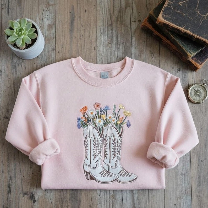 Embroidered Floral Cowboy Boots Sweatshirt, Cowgirl Western Pullover