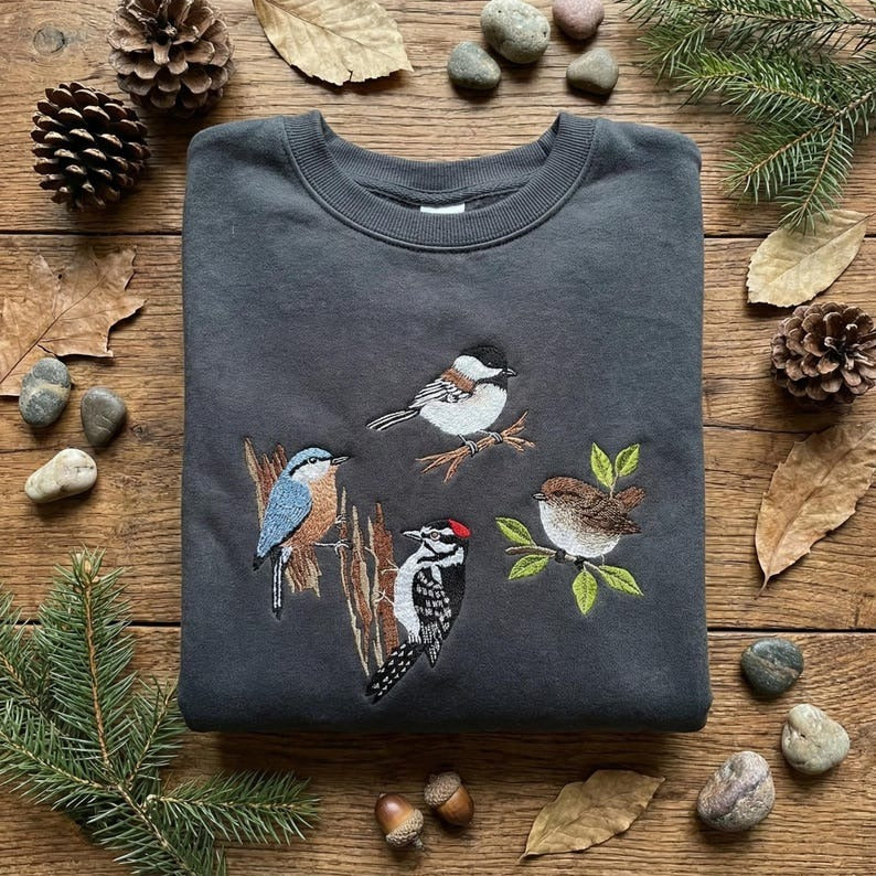 Embroidered Forest Birds Sweatshirt, Woodpecker Chickadee Nuthatch Bird Crewneck, Bird Lover Gift, Nature Wildlife Shirt