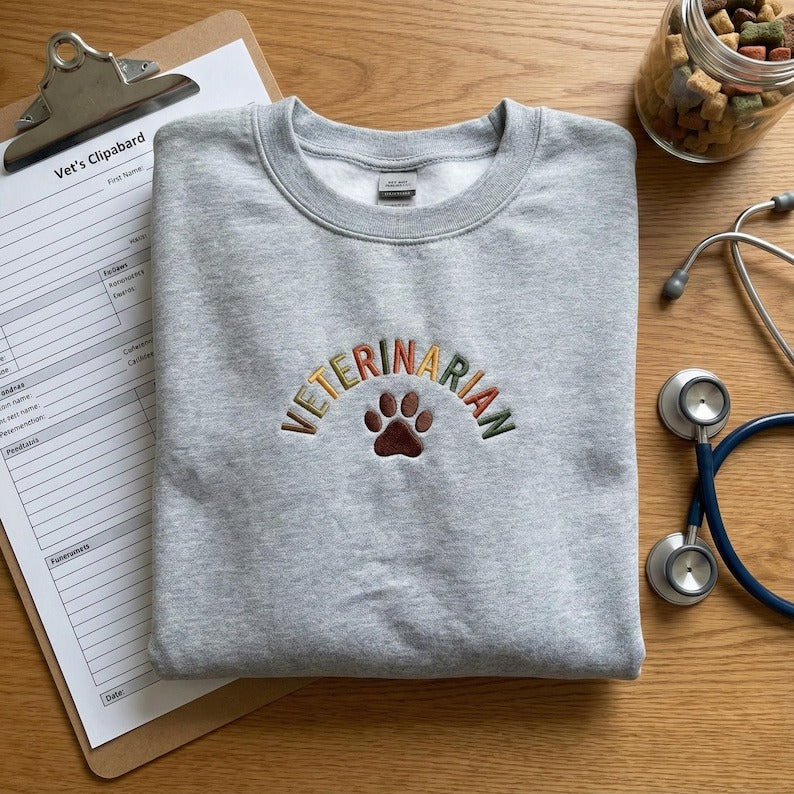 Veterinarian Embroidered Sweatshirt, Cute Paw Print Crewneck, Vet School Graduation Gift, Veterinary Technician Apparel