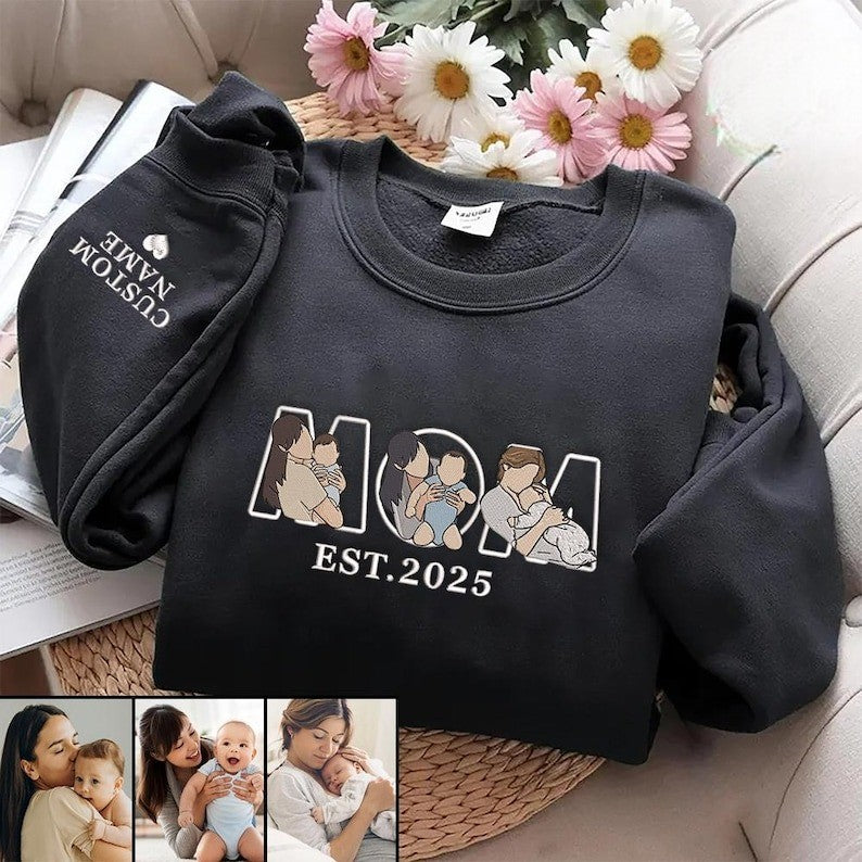 Embroidered Mama Sweatshirt with Photo, Custom Embroidered Mama and Kids Portrait, Embroidery Shirt For Mom Mama Mommy, Mother's Day Gift