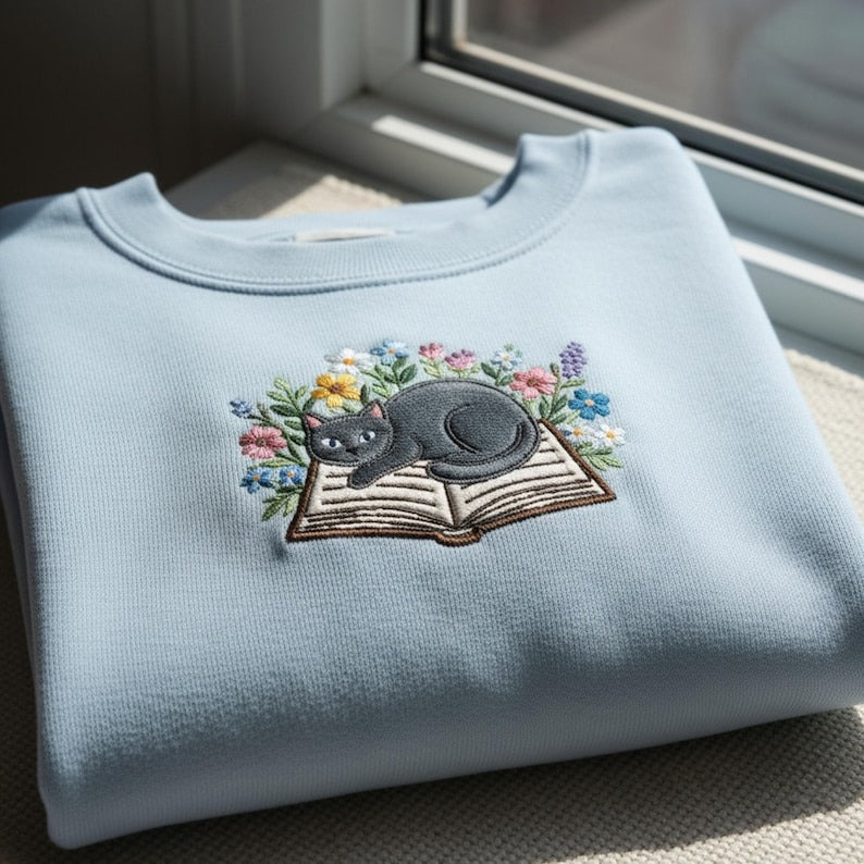 Cozy Floral Book Cat Embroidery Sweatshirt – Reading Lover Gift, Cute Gray Cat on Open Book, Cottagecore Botanical Pullover