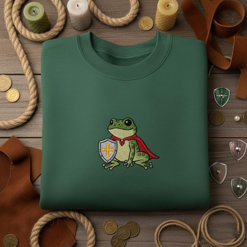 Hero Frog Embroidered Hoodie, Cute Medieval Toad Sweater, Fantasy Gamer Gift, Funny Frog with Shield Crewneck