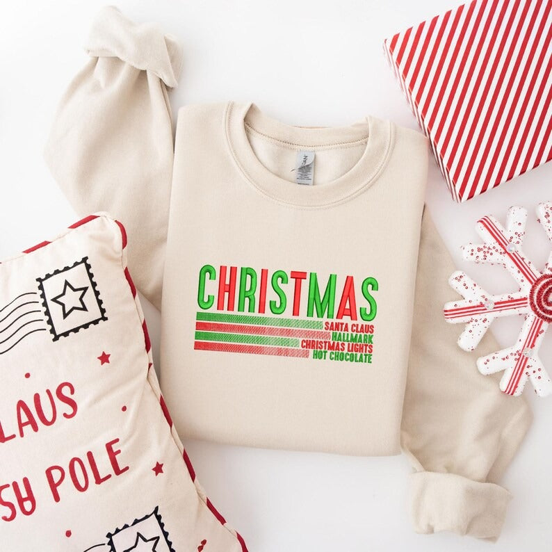 Retro Christmas Sweatshirt, Embroidered Santa Claus, Hallmark, Christmas Lights Hoodie, Christmas Santa Sweatshirt, Gift For Women