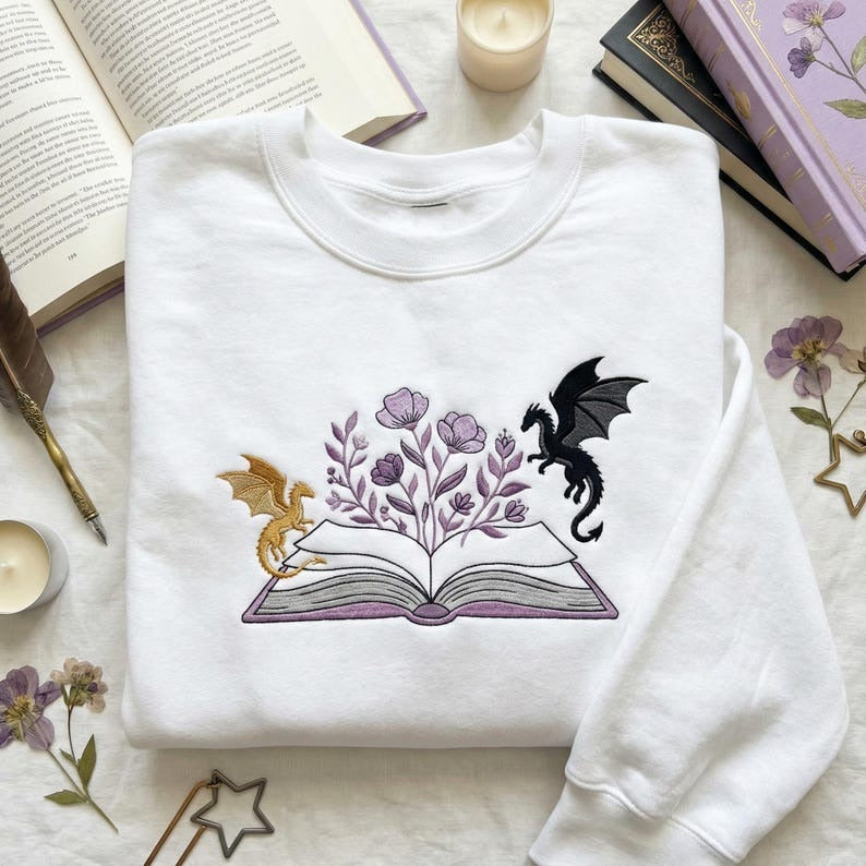 Dragon Fantasy Book Lover Sweatshirt, Embroidered Bookworm Crewneck, Fourth Wing Inspired Gift, Cozy Reading Pullover