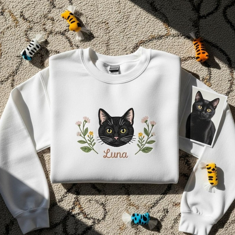 Custom Pet Portrait with Flowers Embroidered Sweatshirt, Personalized Dog Cat Memorial Gift, Unique Pet Lover Gift