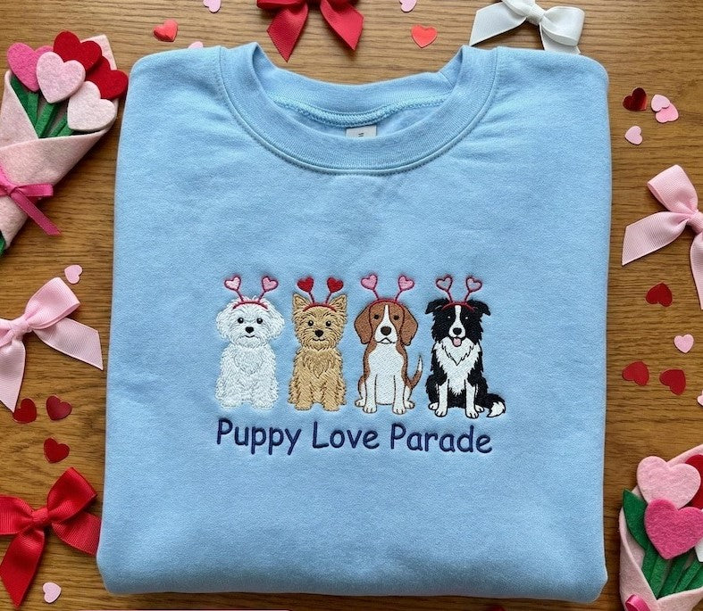 Embroidered Puppy Love Parade Sweatshirt, Dog Valentine Crewneck, Mixed Breed Dog Sweater, Puppy Lover Gift, Blue Pullover