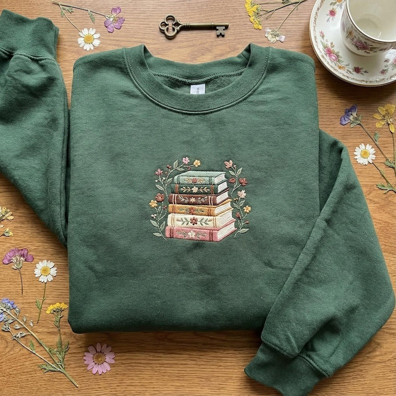 Embroidered Green Book Stack Sweatshirt, Nature Reader Hoodie, Floral Literature Crewneck, Bookish Gift, Librarian Top, Forestcore Shirt