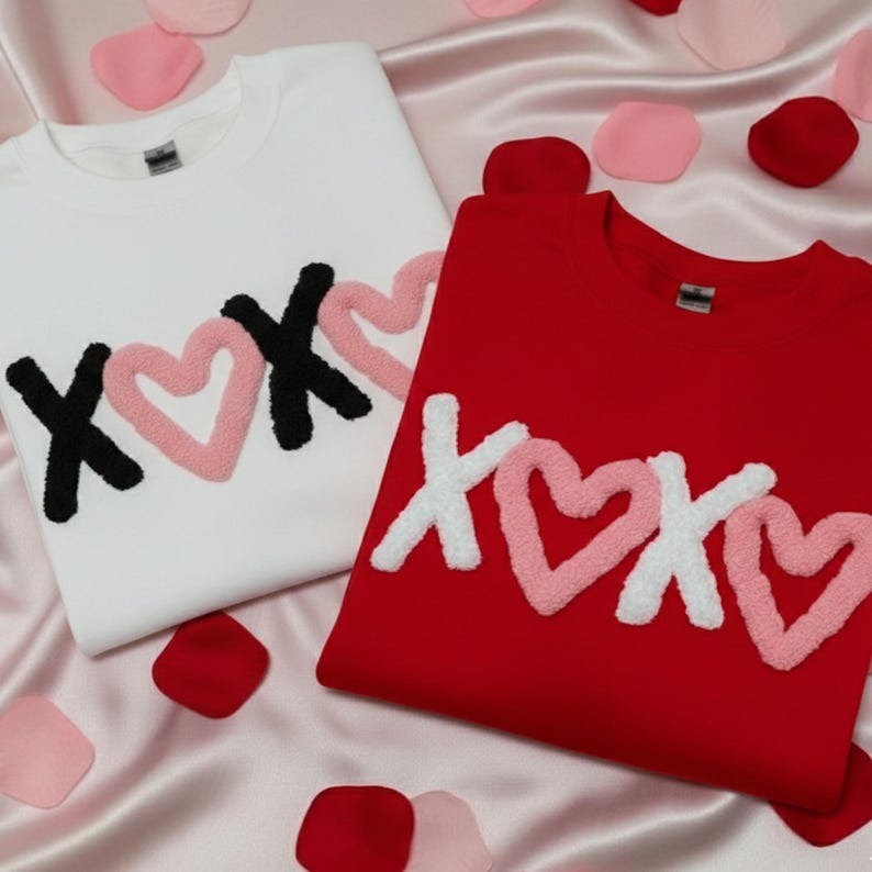 XOXO Yarn Embroidered Sweatshirt, Couples Valentine Gift, Chenille Heart Sweater, Custom Anniversary Gift, Chunky Letter Shirt