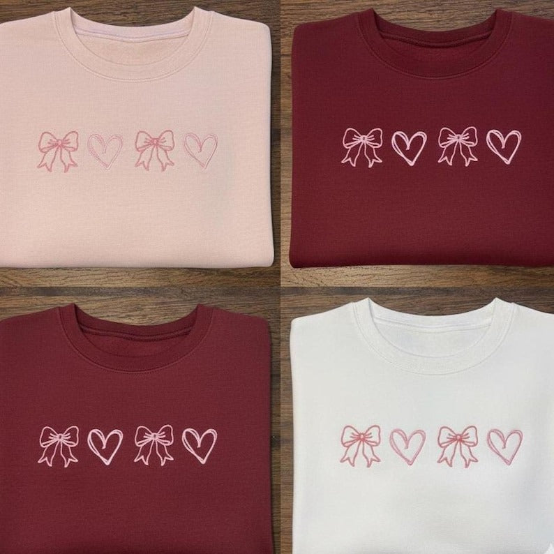 Bows and Hearts Embroidery Sweatshirt, Tshirt, Hoodie, Couqette Valentine Shirts, Valentine's Day Gift for Her