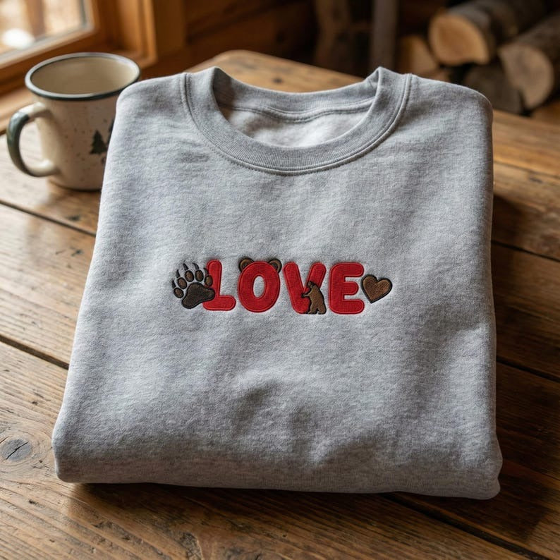 Embroidered Bear Love Sweatshirt, Cute Bear Paw Print Crewneck, Outdoors Hiking Gift, Wilderness Animal Themed Hoodie