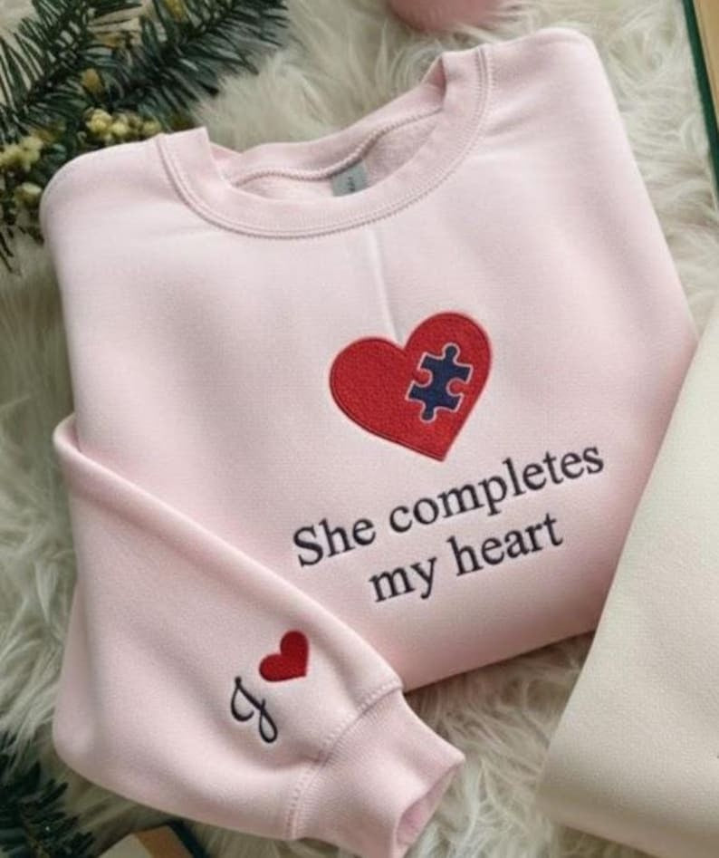 Custom Embroidered Heart Puzzle Piece Couples Sweatshirt , Initial on Sleeve, Anniversary & Valentine’s Day Gift