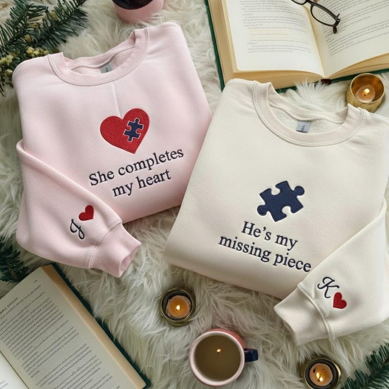 Custom Embroidered Heart Puzzle Piece Couples Sweatshirt , Initial on Sleeve, Anniversary & Valentine’s Day Gift