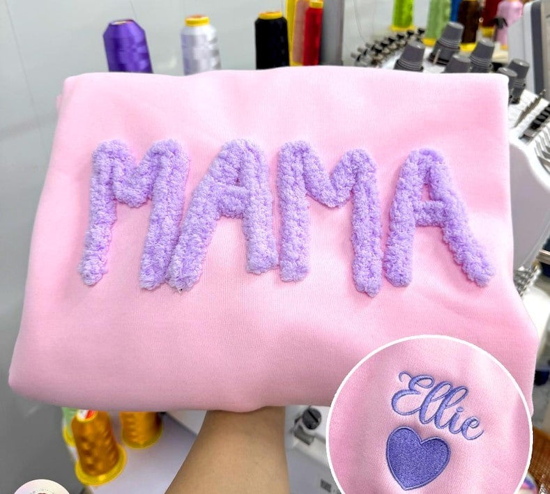 Personalized Chenille Yarn Embroidered Mama Sweatshirt, Custom Kids Names on Sleeve Gift Mother’s Day