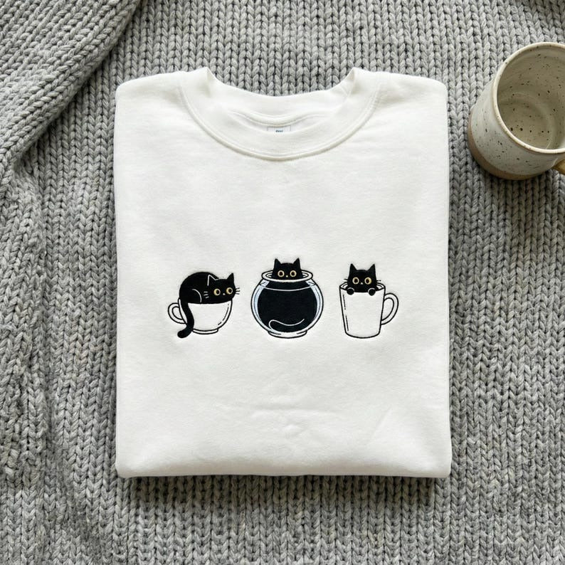 Embroidered Liquid Black Cat Sweater, Funny Cat in Coffee Mug Fishbowl Crewneck, Cute Pet Lover Gift, Minimalist Art