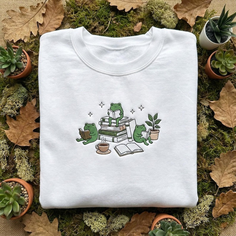 Embroidered Frogs and Books Sweatshirt, Cottagecore Frog Reading Hoodie, Aesthetic Bibliophile Gift, Bookish Frog Lover Shirt, Nature Art