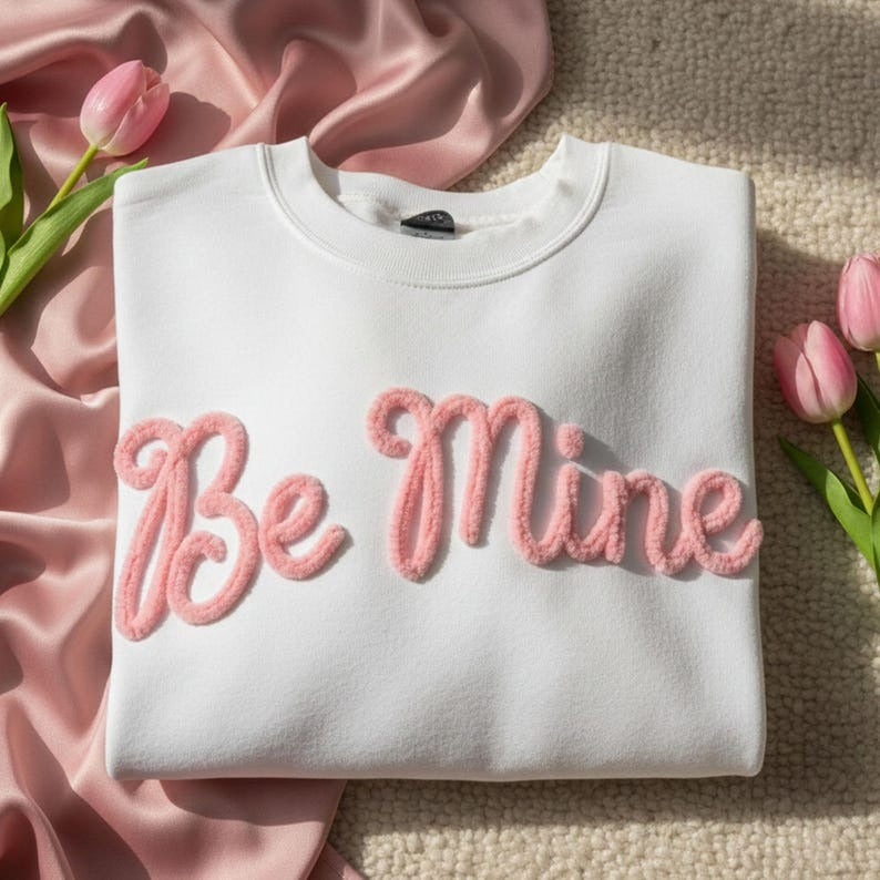 BE MINE Chenille Yarn Sweatshirt, Valentine Embroidered Jumper, Personalized Valentines Gift
