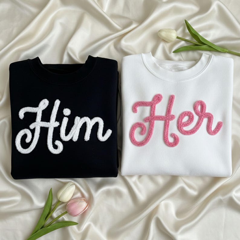 Him and Her Couple Sweatshirt, Matching Chenille Yarn Embroidered Jumper, His Hers Valentines Day Gift