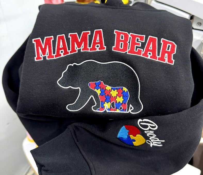 Custom Embroidered Autism Mom Sweatshirt, Mama Bear Hoodie, Gift Personalized Autism Mother's day Shirt