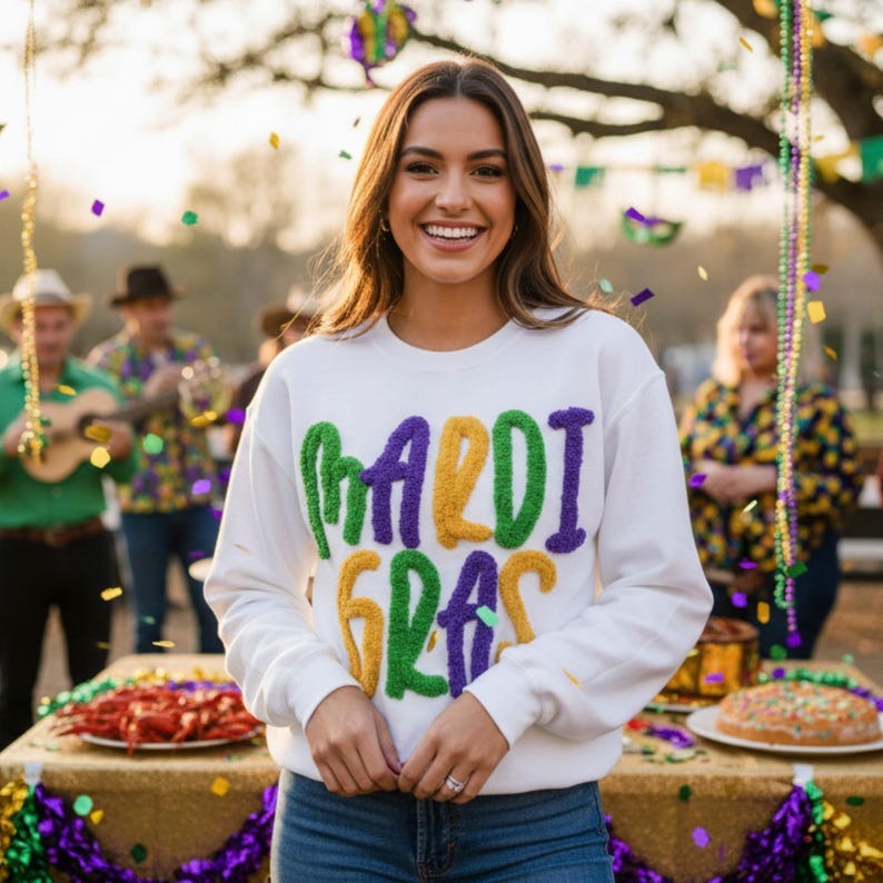 MARDI GRAS SWEATSHIRT | Custom Embroidered | Chenille Yarn Letters | Unisex Crewneck | Hoodie | Hooded Sweatshirt | shirt | Tshirt
