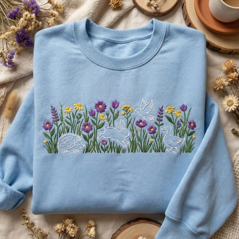 Embroidered Meadow Animals Sweatshirt – Hedgehog Bunny Duck Bird Floral Nature Cottagecore Crewneck