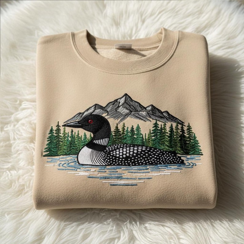 Embroidered Loon on Lake Sweatshirt, Sunset Nature Hoodie, Cabin Life Crewneck, Bird Watcher Gift, Waterfowl Shirt, Hiking Outdoors Top