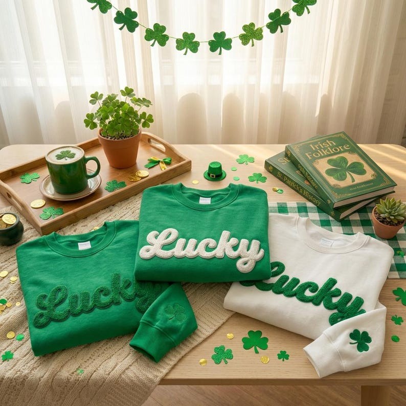 2026 St. Patrick’s Day Sweatshirt, Lucky Chenille Embroidered Sweatshirt, Custom Name Shamrock Sweater, Gift for Her