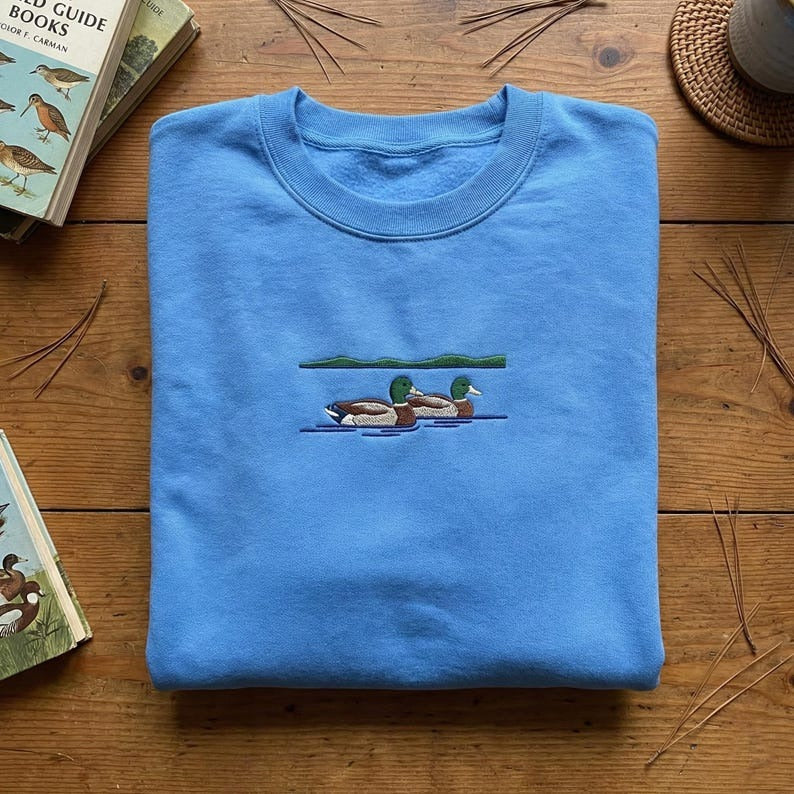 Minimalist Mallard Sweatshirt, Embroidered Duck Lake Scene, Simple Nature Crewneck, Bird Watcher Gift, Wildlife Silhouette Style