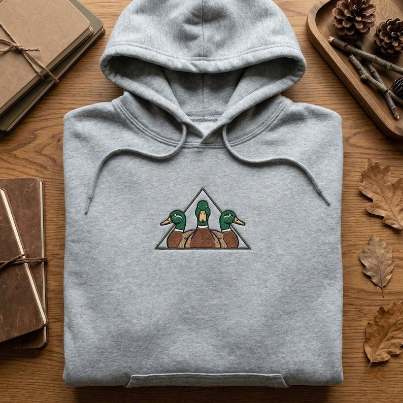Embroidered Mallard Hoodie, Geometric Duck Sweatshirt, Nature Lover Gift, Three Ducks Triangle Art, Wildlife Embroidery, Hunter Hoodie