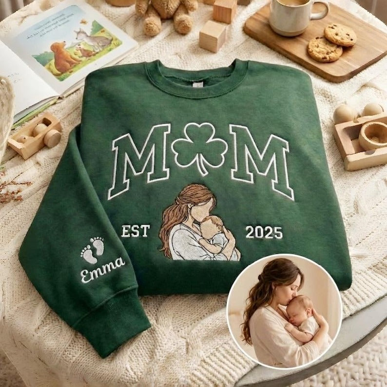Embroidered Family Portrait Sweatshirt for Mom, Portrait From Family Photo, Mama Est Year Shirt, Mother's Day Gift, St.Patrick's Day Gift