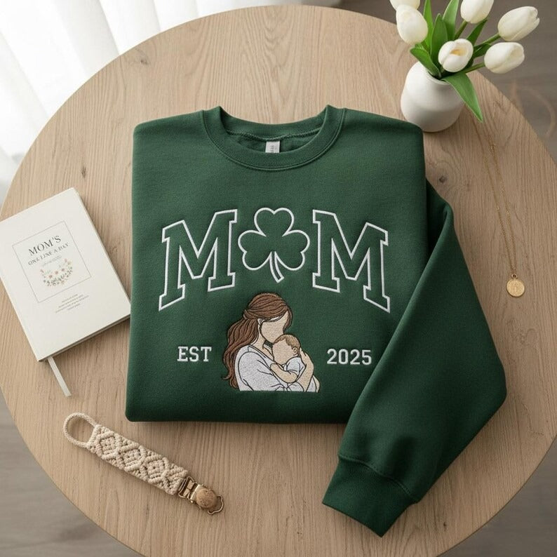Embroidered Family Portrait Sweatshirt for Mom, Portrait From Family Photo, Mama Est Year Shirt, Mother's Day Gift, St.Patrick's Day Gift