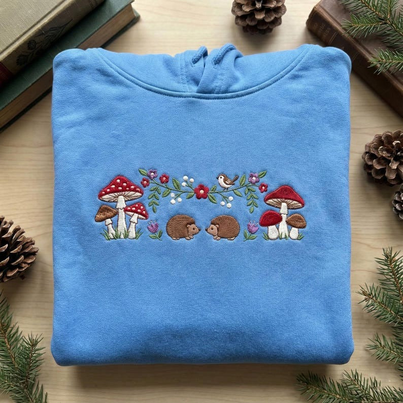 Embroidered Hedgehog and Mushroom Sweatshirt – Cottagecore Forest Animals Floral Nature Crewneck